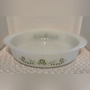 Vintage Glasbake Mid Century Casserole 8” Dish J-2429 USA, Green Daisy Pattern